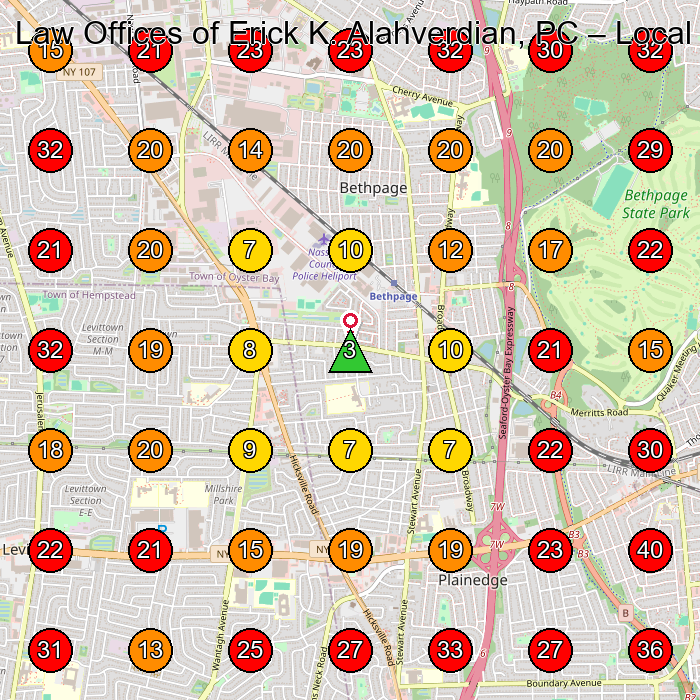 Law Offices of Erick K. Alahverdian, PC GeoGrid visibility map for Legal Services in Farmingdale